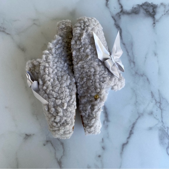 UGG Cozy Silver Grey Fuzzy Sherpa Satin Bow Slip On Slippers - Picture 2 of 7